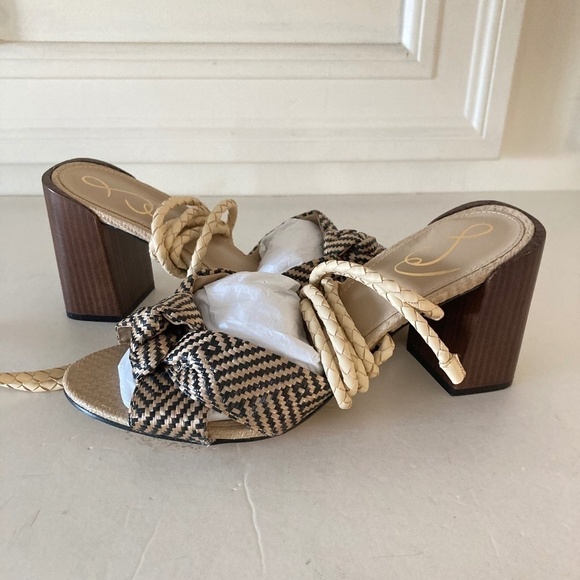NWOT Sam Edelman Anthropologie Bodhi Black & White Raffia Peep Toe Heels Sz 9 - Picture 1 of 7